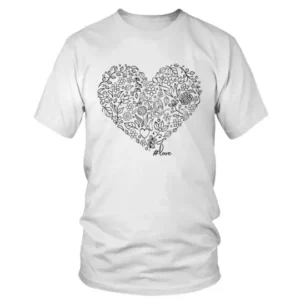 Black and White Large Floral Heart with Love T-shirt