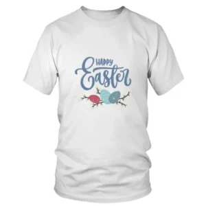 Blue Happy Easter with Three Painted Eggs and Flowers T-shirt