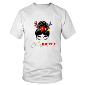 Girl Printed Half Face merry Christmas T-shirt