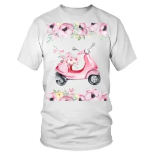 Pink Color Flowers with Vespa Bike T-shirt