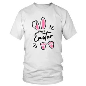Pink and White Happy Easter Written with Ears abd Foot Prints T-shirt