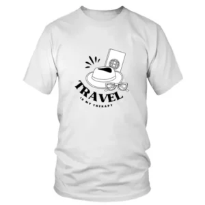 Travel is my Therapy with Hat and Glasses in Black and White T-shirt