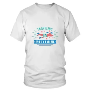 Traveling is Everything Printed in a Modern Style Blue and Pink T-shirt