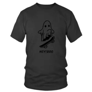 White Black Minimalist Cute Ghost with Hey Boo Text Halloween T-shirt